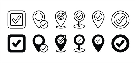 Map pin location checkpoint icon set. Map markers with check mark sign. Vector illustration on a white background - obrazy, fototapety, plakaty