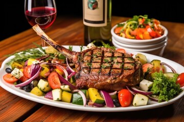 ceramic platter of grilled veal chop with colorful vegetable salad