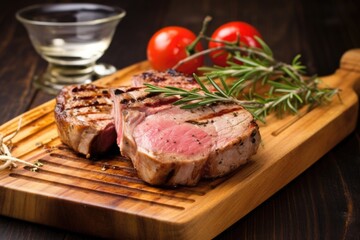 partially sliced grilled veal chop on a board