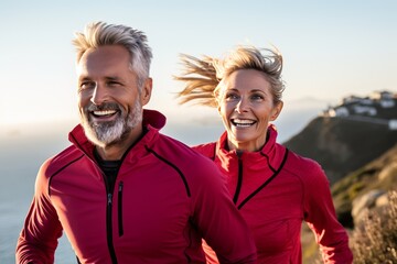 Athletic aged couple, man and woman jogging in the mountains, outdoors