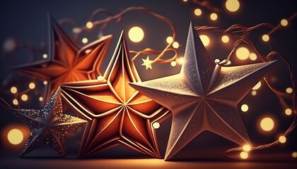 Christmas garland bokeh lights over Golden blue background Created with generative Ai