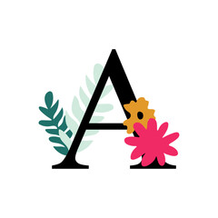 Floral alphabet, letter A with flowers and leaf. For invitations, greeting card, logo, poster and other design. 