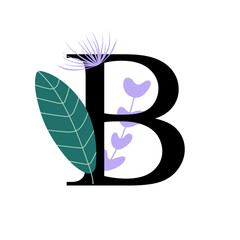 Floral alphabet, letter B with flowers and leaf. For invitations, greeting card, logo, poster and other design. 