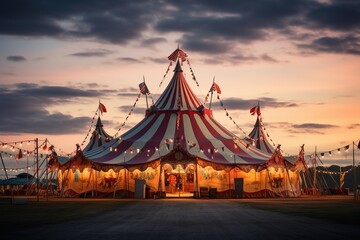 Circus tent against the sky in evening. Circus poster, poster. World Circus Day. Generated by artificial intelligence - obrazy, fototapety, plakaty