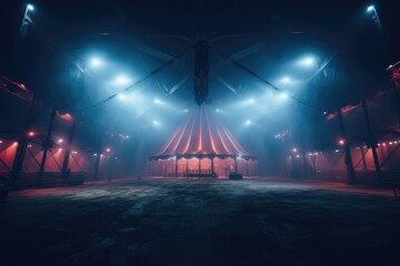 Circus arena in the light of spotlights, stage of a moving circus. Touring circus. Generated by...