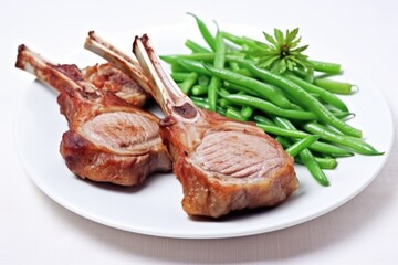 grilled veal chops with green beans on a white plate