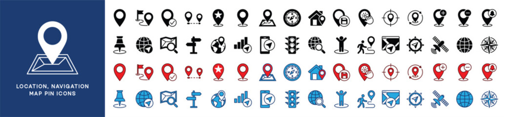 Location, navigation, and map pin icons set. Map marker icon symbol. Direction, compass, GPS, place, distance, route, traffic, road and other. Flat and color style. Vector illustration - obrazy, fototapety, plakaty
