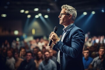 Successful senior business man holding a speech on a conference