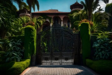 a majestic luxery steel gate with plants leads the way to a big mansion - AI Generative - obrazy, fototapety, plakaty