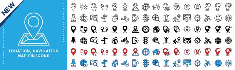 Location, navigation, and map pin icons set. Map marker icon symbol. Direction, compass, GPS, place, distance, route, traffic, road and other. Thin line, flat and color style. Vector illustration