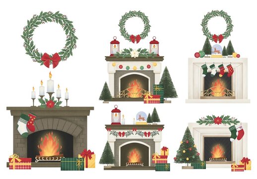 Christmas Fireplace Illustration Set
