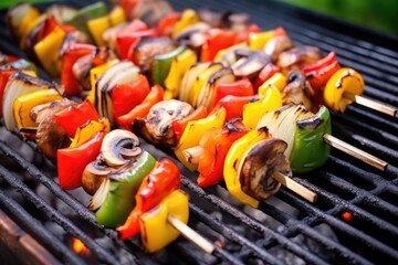 grilled kebabs featuring mushrooms, tomatoes, and peppers