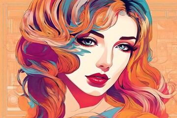  1970s  or 1980s vintage style illustration of a beautiful young woman