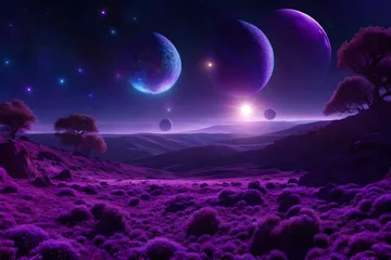 Gartenposter A surreal landscape of a purple planet with three moons and a glowing ring of energy - AI Generative © Naila