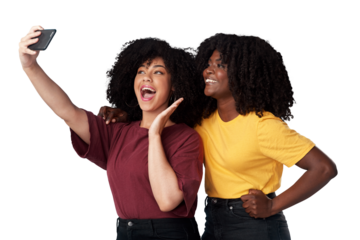 Selfie, wow and happy woman or friends social media and content creation isolated on transparent, png background. Surprise, natural hair influencer or african people in profile picture or video call