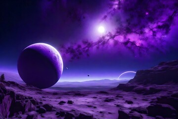 A surreal landscape of a purple planet with three moons and a glowing ring of energy - AI Generative