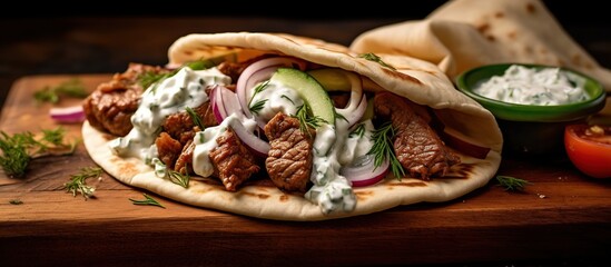 Gyros with Tzatziki served on a wooden dining table - obrazy, fototapety, plakaty