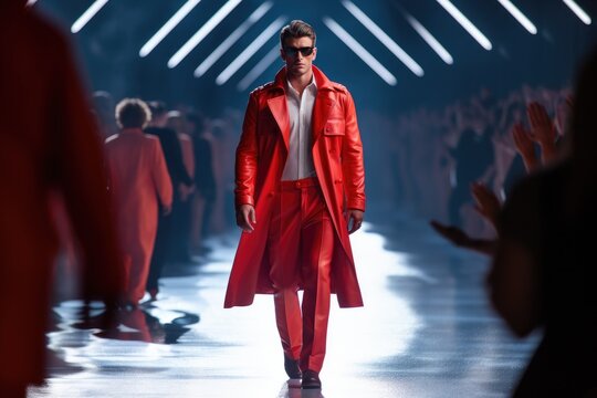Male fashion model on catwalk at high fashion show on fashion week