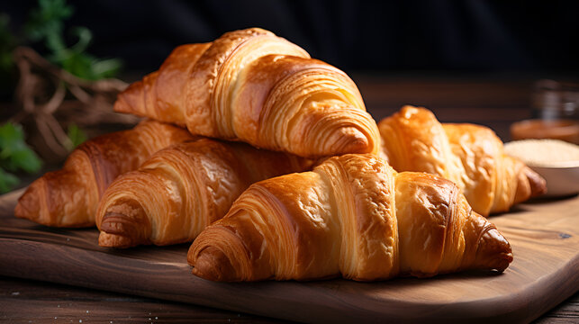 Croissants on a wooden board, breakfast food concept. Freshly baked crusty golden croissants on a wooden rustic table. Oven-baked french croissant, healthy morning food concept