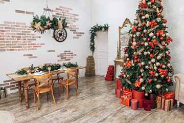 Cozy flat apartment photo studio room green Christmas Tree gifts presents garlands, candles decorated dinner table settings toys balls interior New Year lights glowing bokeh
