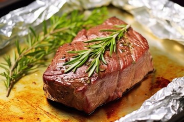 grilled steak placed on foil paper for cooling