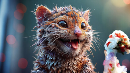 AI Generated Illustration of a Cat Holding Flowers Wallpaper