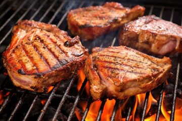 juicy pork chops smoking on a barbecue grill