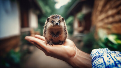 Cozy and Friendly Hedgehog in Hand: A Realistic AI Generated Wallpaper