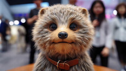 Smart and Curious Otter with Collar at Technology Exhibition: A Realistic AI Generated Wallpaper