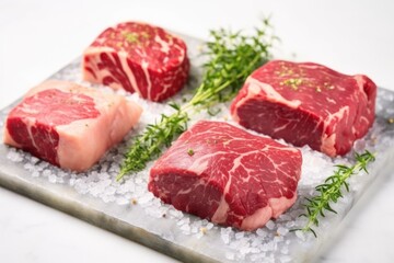 three raw steaks garnished with herb rub on marble slab