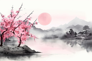Asian beatiful landscape. Watercolor art style wallpaper background
