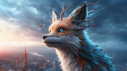 Mystical Fox Overlooking City at Sunset - AI generated Illustration, realistic

