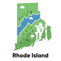 Rhode Island map shape United states America green forest hand drawn cartoon style with trees travel terrain