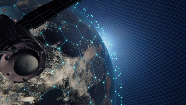 Concept Data transfer. Artificial satellite of the earth. a satellite flying in space over the globe. 3d render