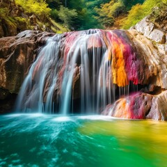 colored waterfall. in the middle of natural nature