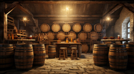 Old cellar with bottles and barrels under castle making wine. - obrazy, fototapety, plakaty