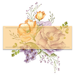 lilac delicate roses, light orange poppies, decorative twigs and leaves. bouquet watercolor illustration on a white background. in the style of a sketch.