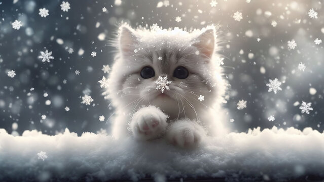 Fluffy Winter Wonderland - AI generated Illustration, realistic cat