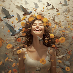 Portrait of young happy woman with flowers and birds