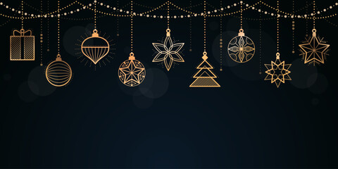 Christmas and Happy New Year banner with golden decorations - obrazy, fototapety, plakaty