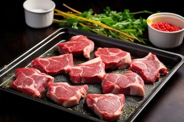 raw lamb chops smeared with a dry rub on a black tray