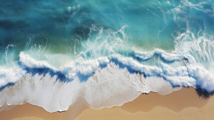Fototapeta premium astonishing aerial top view background photo of ocean sea water white wave splashing at the beach, Drone photo backdrop of wave in bird eye, Generative AI