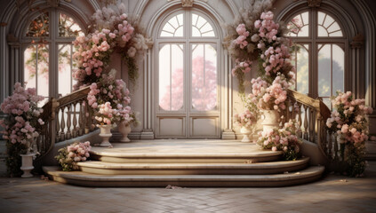 Beautiful entrance way with flowers and steps. Entrance to house.