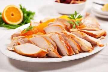 tender slices of marinated, roasted turkey on a white plate
