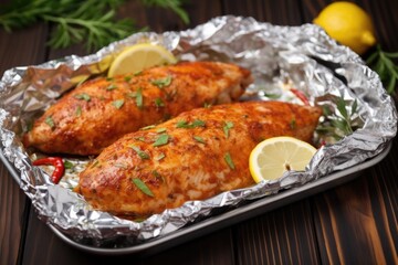 turkey cutlets coated in spicy marinade resting on aluminum foil