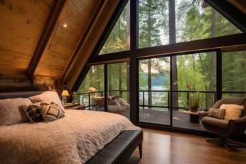 bed positioned near large glass window in the cabin