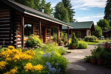 Fototapeta na wymiar log cabins exterior view with a lush garden backdrop