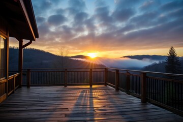 wooden deck of a mountain cabin at sunrise