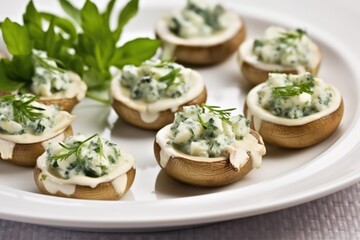 close-up view of baby bella mushrooms filled with gorgonzola - obrazy, fototapety, plakaty