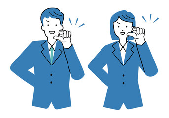 こちらに向いて指を指すビジネスマンの男女のイラストセット